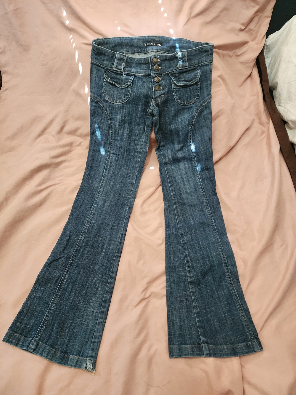 Frankie B. Low Rise Blue Flared Jeans with Button Front